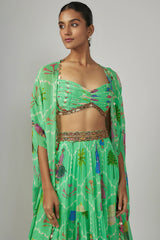 Aqua Georgette Printed & Hand Embroidered Cape Set