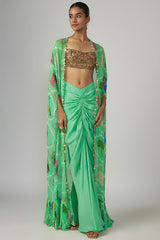 Aqua Crepe & Georgette Printed Cape Set