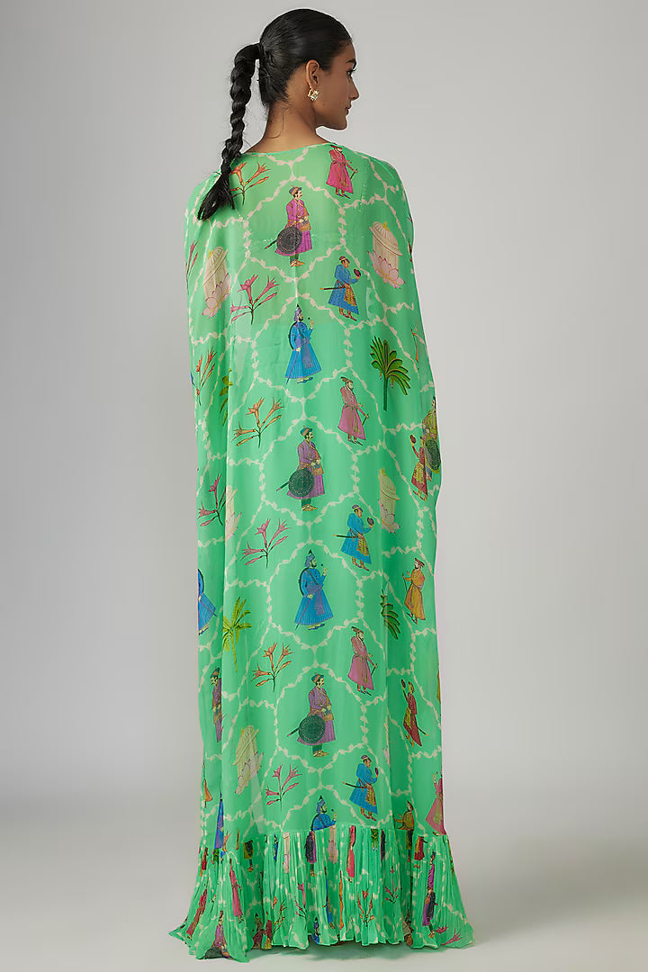 Aqua Crepe & Georgette Printed Cape Set