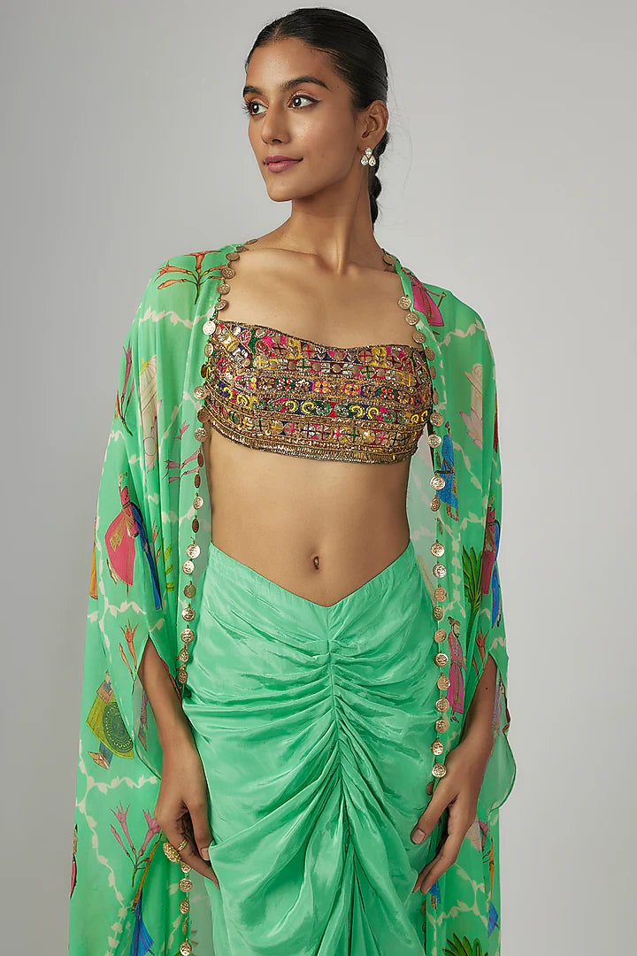 Aqua Crepe & Georgette Printed Cape Set