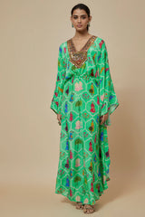 Aqua Crepe Printed & Hand Embroidered Kaftan Jumpsuit