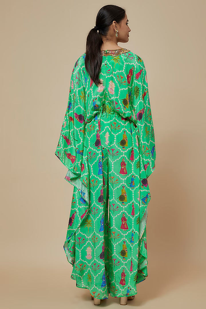 Aqua Crepe Printed & Hand Embroidered Kaftan Jumpsuit