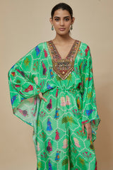 Aqua Crepe Printed & Hand Embroidered Kaftan Jumpsuit
