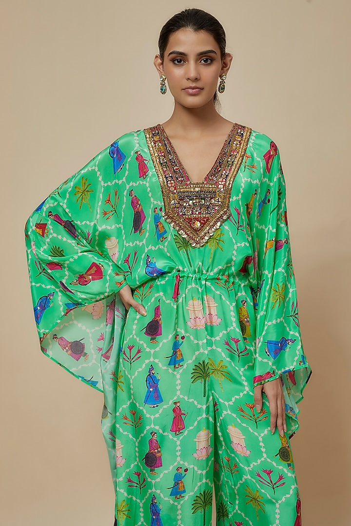 Aqua Crepe Printed & Hand Embroidered Kaftan Jumpsuit