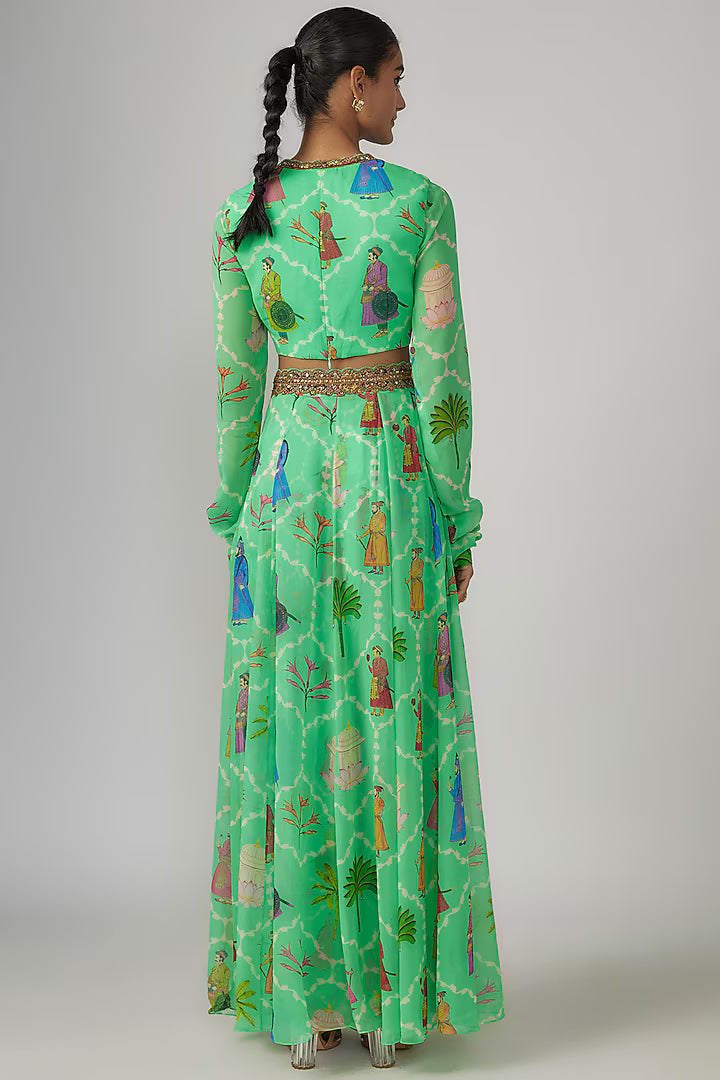 Aqua Georgette & Crepe Hand Embroidered Lehenga Set