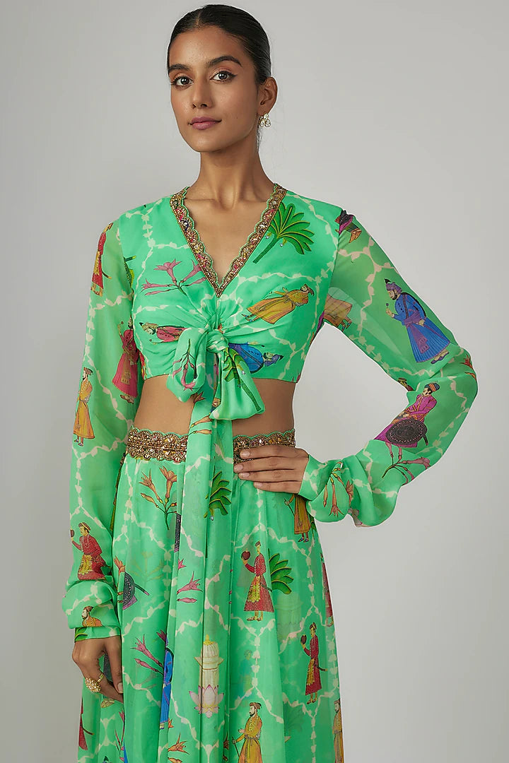 Aqua Georgette & Crepe Hand Embroidered Lehenga Set