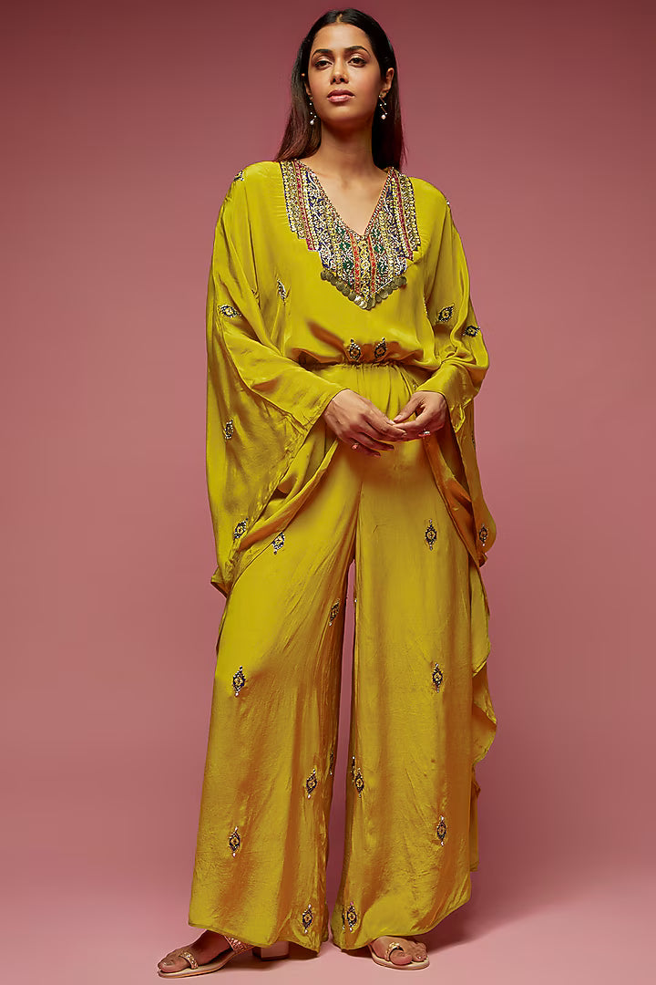 Mustard Crepe Hand Embroidered Jumpsuit