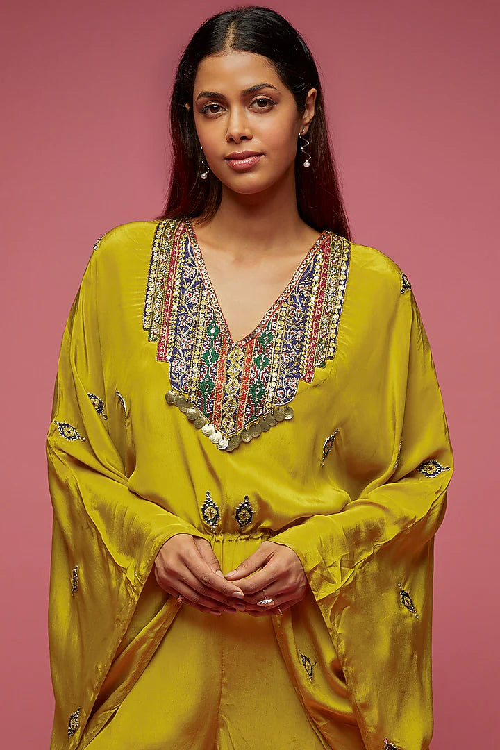 Mustard Crepe Hand Embroidered Jumpsuit