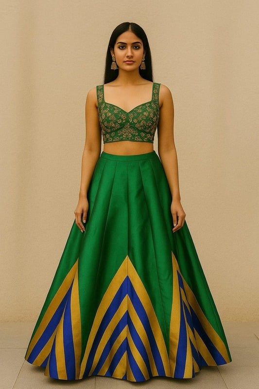 Emerald and Blue Inverted Chevron Printed Lehenga Set