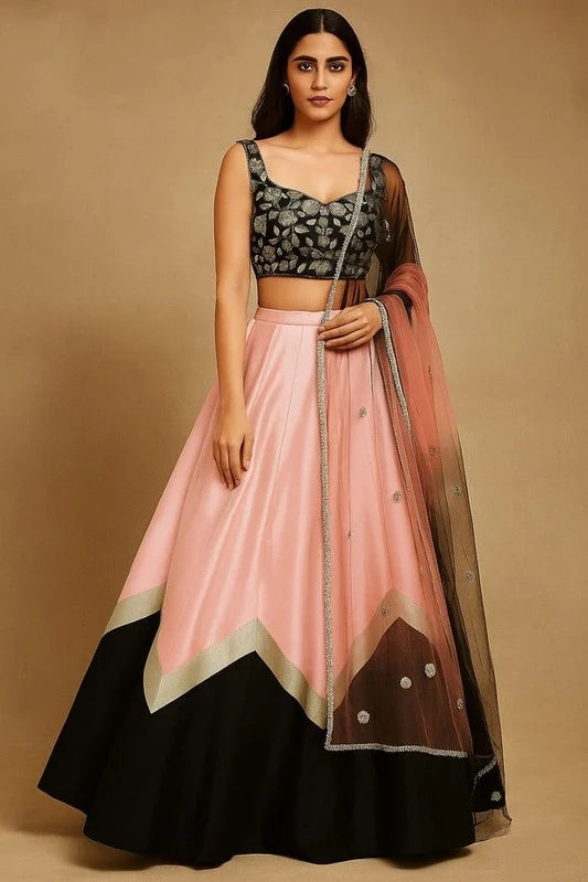 Pink & Black Inverted Chevron Printed Lehenga Set