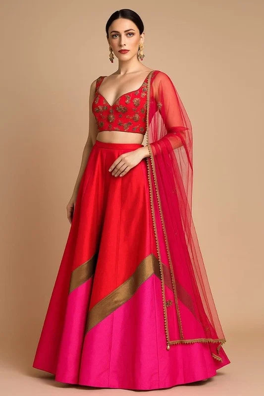Red and Pink Embroidered Lehenga Set