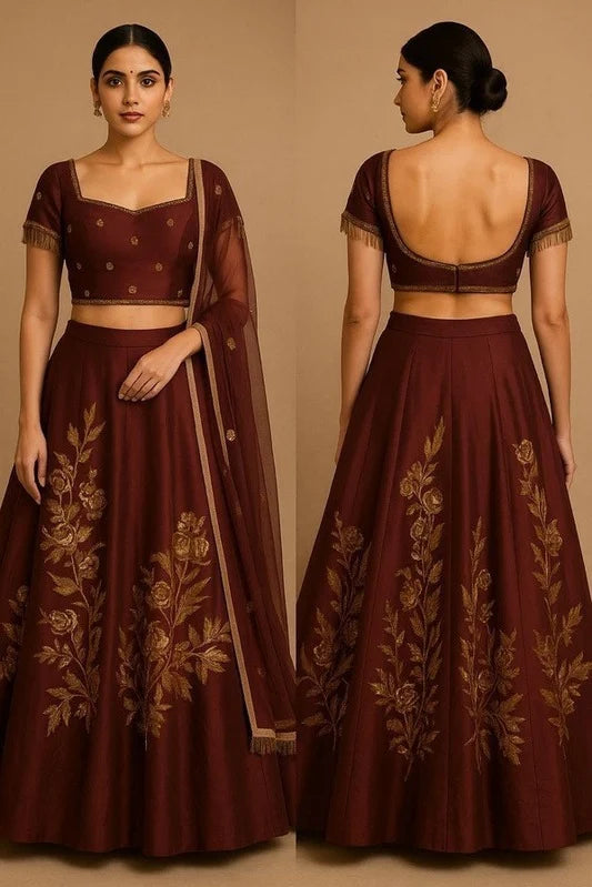 Wine Embroidered Lehenga Set