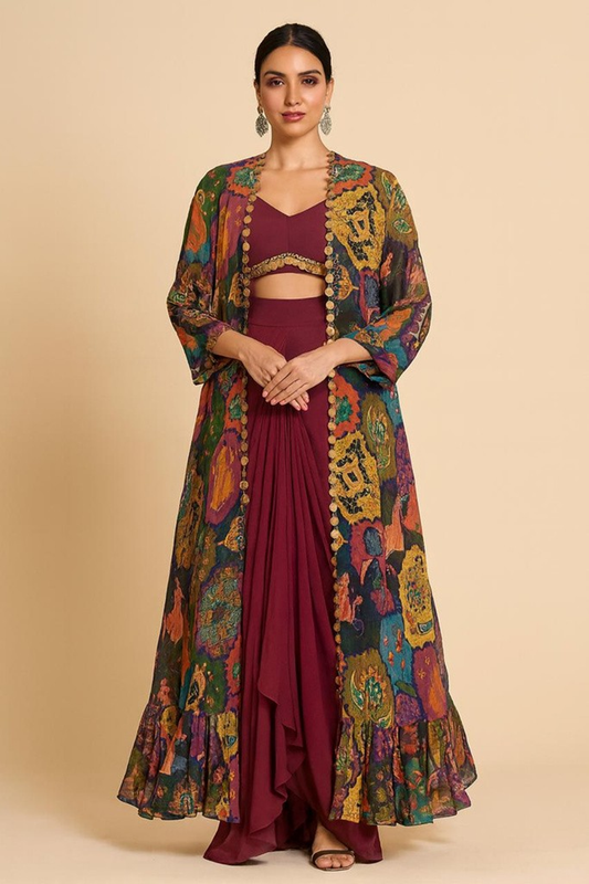 Multi Crepe & Georgette Printed Cape Set