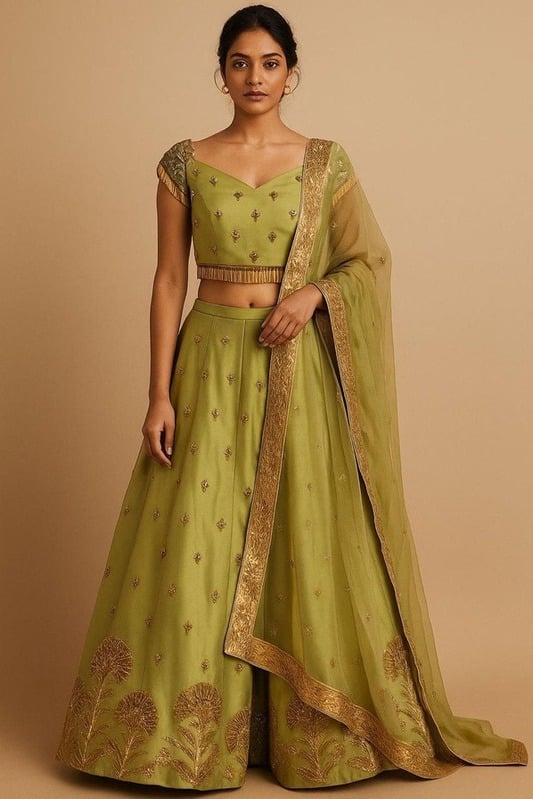 Olive Green Hand Embroidered Lehenga Set