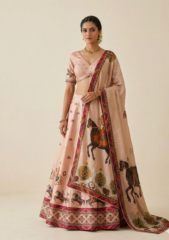 Pastel Coloured Printed & Embroidered Lehenga Set